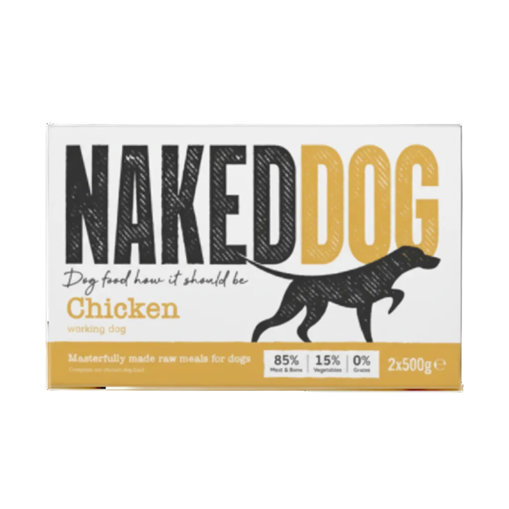 Packaging for NakedDog Raw Dog Food - Chicken Original, showing a silhouette of a dog and chicken meat.