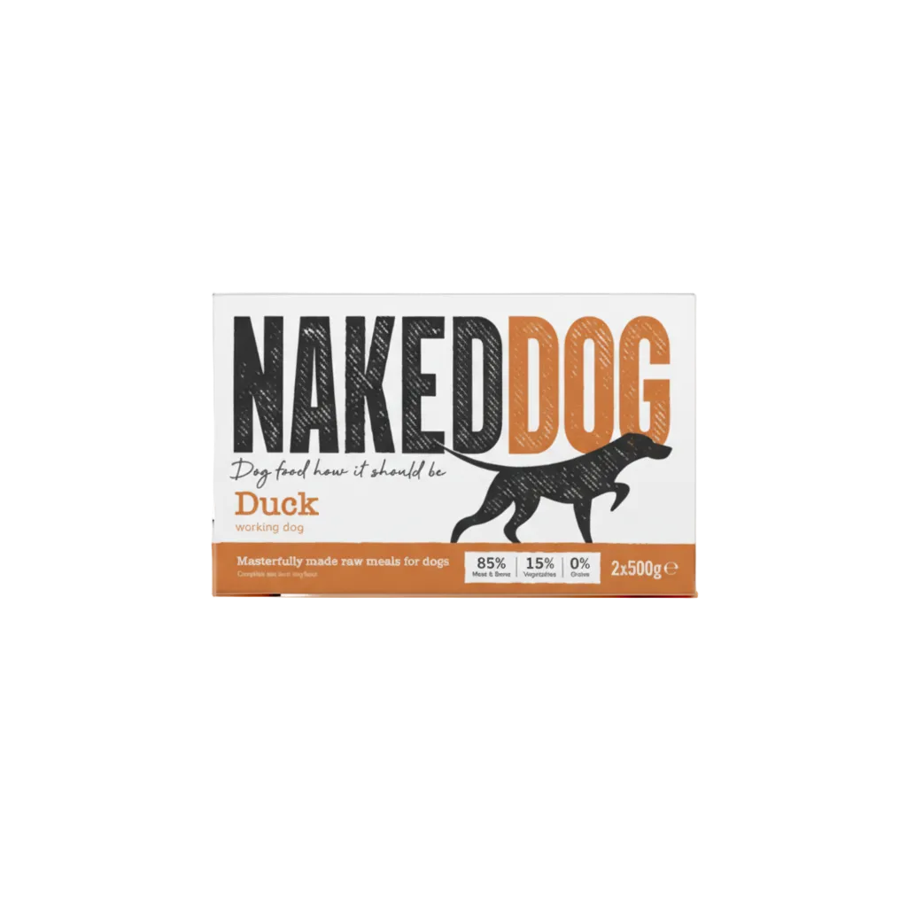 Packaging for NakedDog Raw Dog Food with an image of a dog and the text 'Duck' indicating the flavor. The package mentions 2x500g quantities.