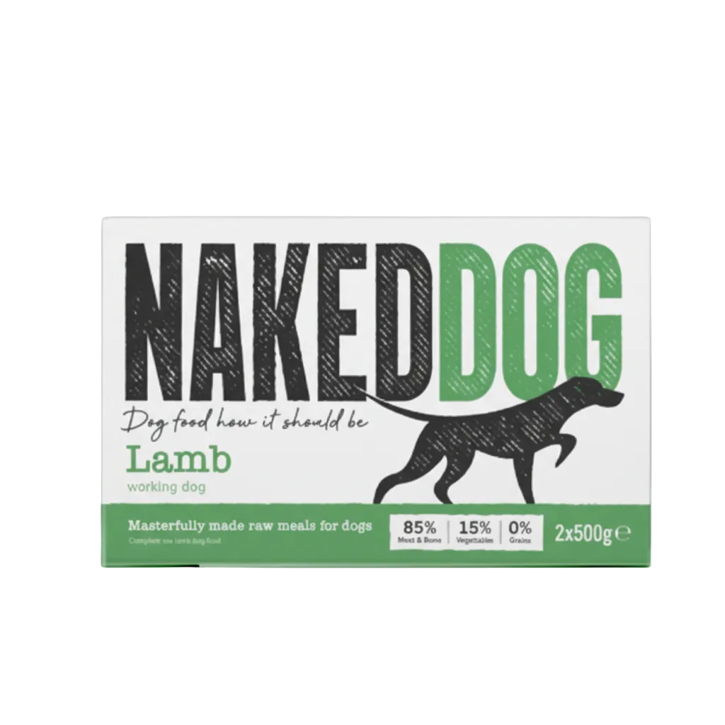 Packaging for NakedDog Raw Dog Food with Lamb. The packaging is labeled as 2 x 500g and includes images of dogs and lamb.