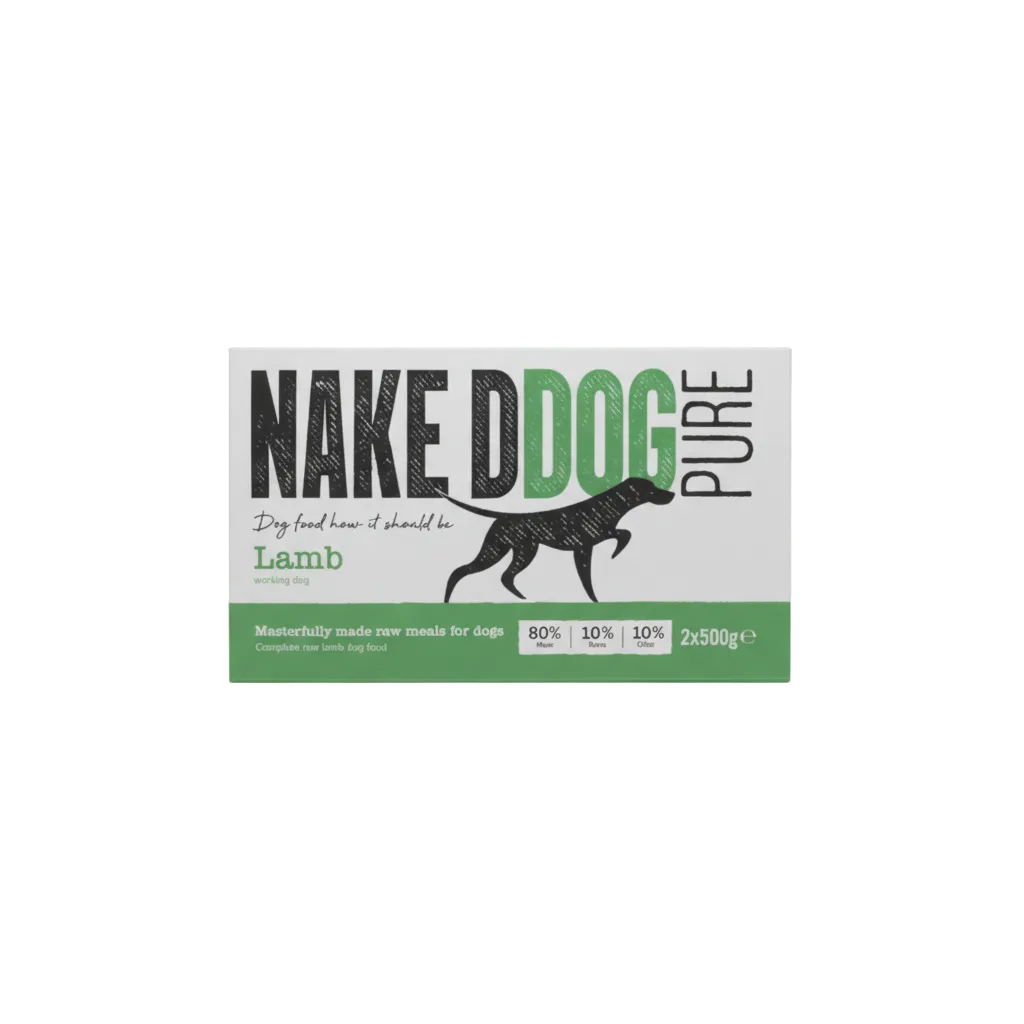 Packaging for NakedDog Raw Dog Food with 'NakedDog Pure' text and an illustration of a dog. The package indicates the product is lamb-flavored and includes 2 x 500g packs.